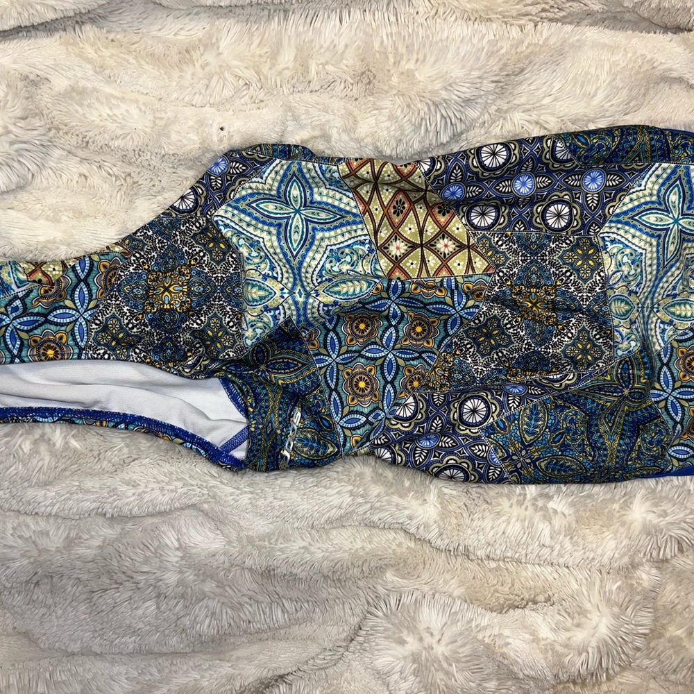 Patterned Blue and Gold Women Swim One Piece